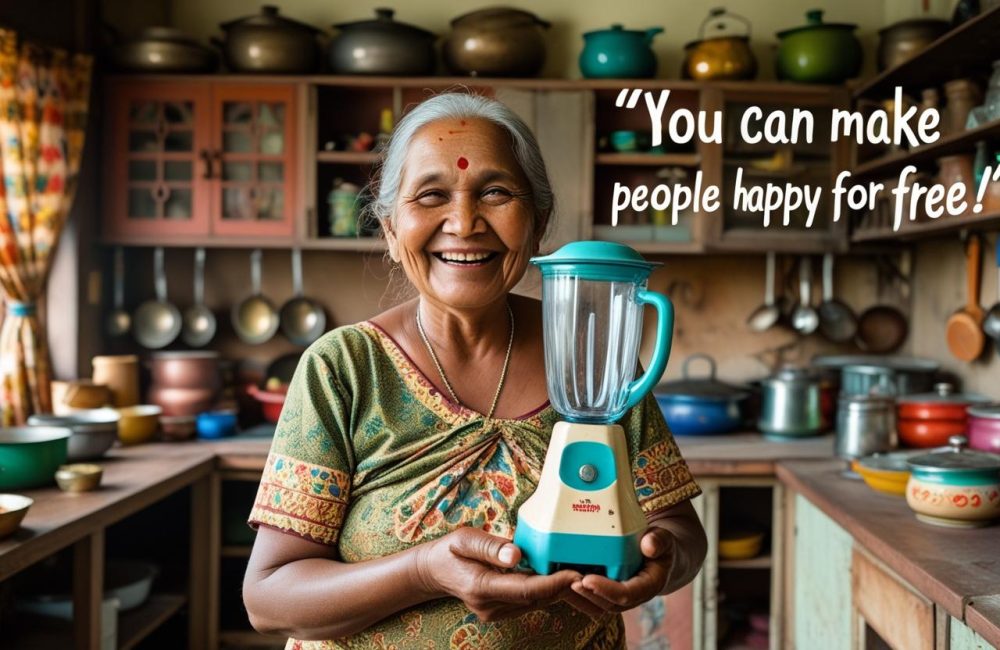 Create an image of old Sri Lankan house wife with a happy face holding a blender in the kitchen, kitchen is old and with many used items , she is so delighted when she was able to purchase a used blendor